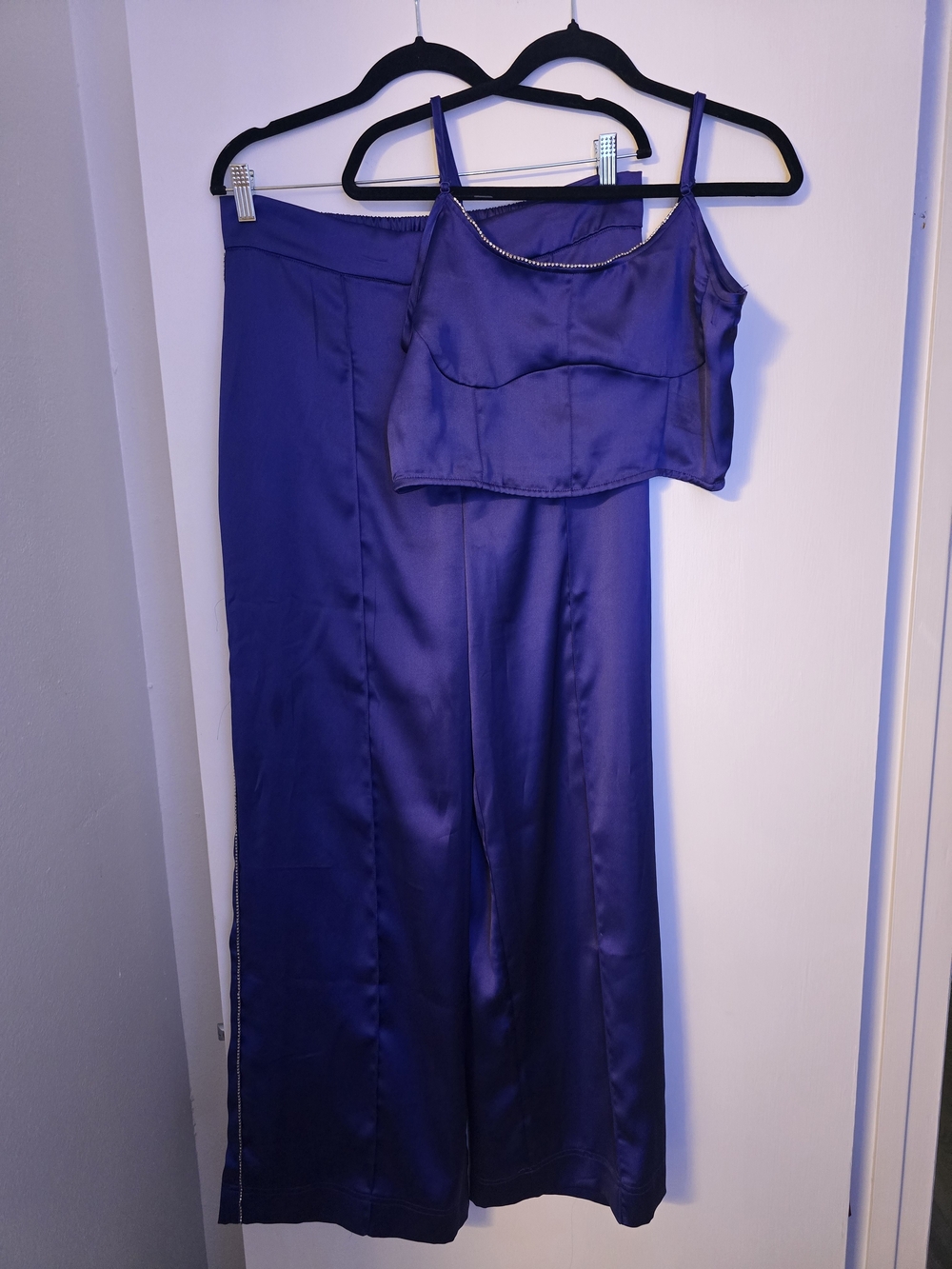 Harlow Purple Sequin Satin Wide-Leg Pants with Cropped Tank